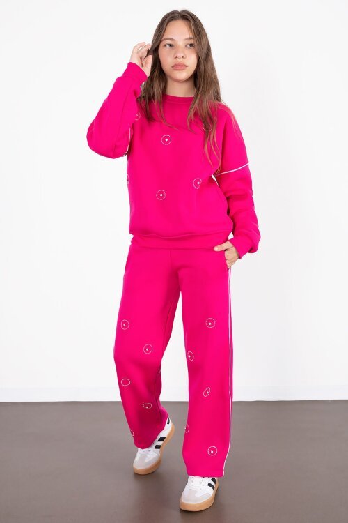 Fuşya Payet İşlemeli Şardonlu Kız Çocuk 2li Eşofman Takımı 21426