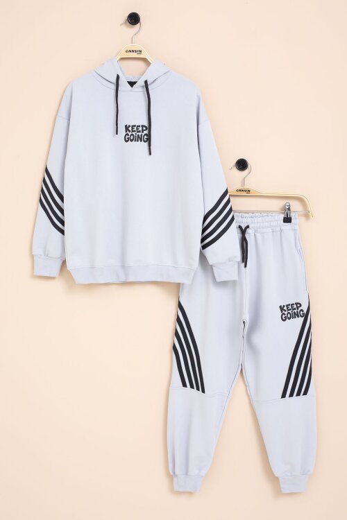 Gri Erkek Çocuk Keep Going Yazılı Şeritli Erkek Çocuk Kapüşonlu Eşofman Takımı 23418