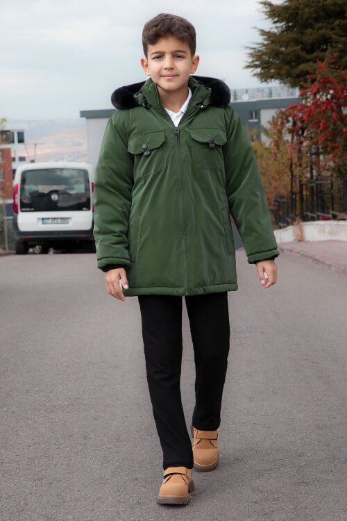 Haki Çıtçıtlı Göğüs Cepli İçi Kürklü Erkek Çocuk Kapüşonlu Mont 21348