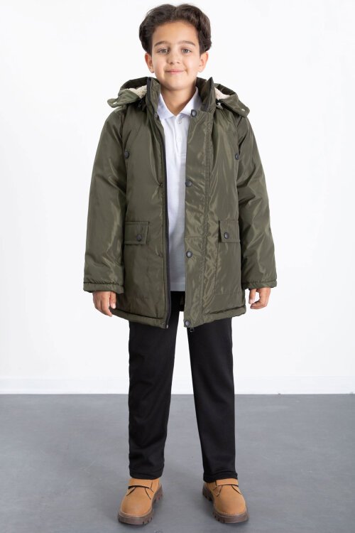 Haki İçi Kürklü Çıkarılabilir Kapüşonlu Basic Erkek Çocuk Şişme Mont 21438