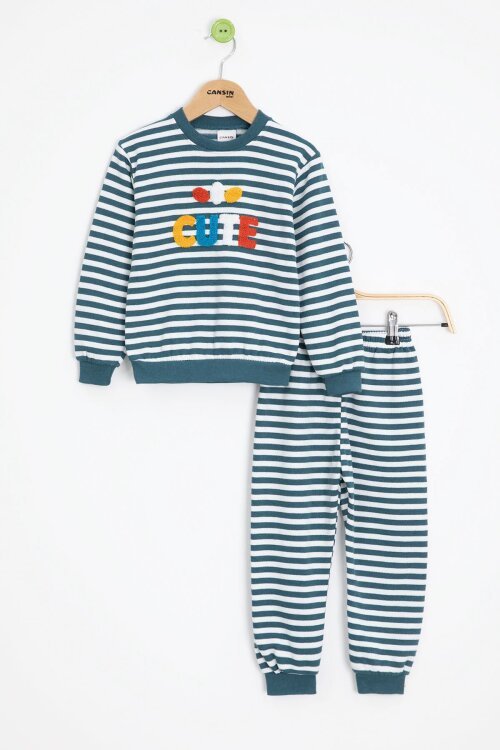 İndigo Erkek Çocuk Cute Nakışlı Çizgili Şardonlu Eşofman Takımı 23313