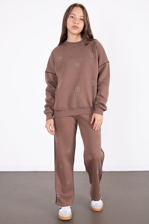 Kahve Payet İşlemeli Şardonlu Kız Çocuk 2li Eşofman Takımı 21424