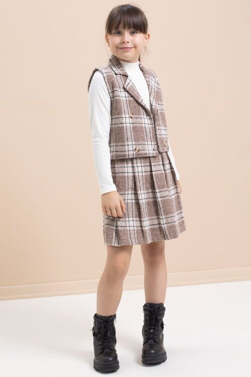 Kahverengi Ekose Desenli Düğme Detaylı Ceketli Kız Çocuk 2li Takım 21541