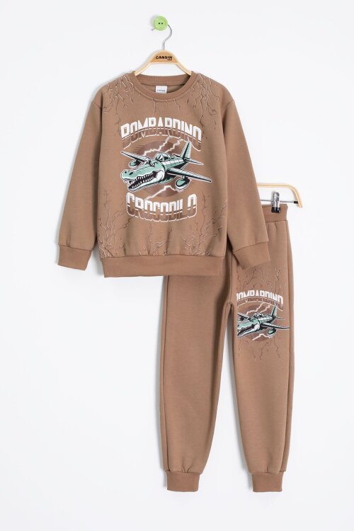 Kahverengi Erkek Çocuk Yazılı Karakter Baskılı Şardonlu Eşofman Takımı 23289