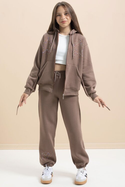 Kahverengi Kız Çocuk Şardonlu Boncuk İşlemeli 2li Takım 21416