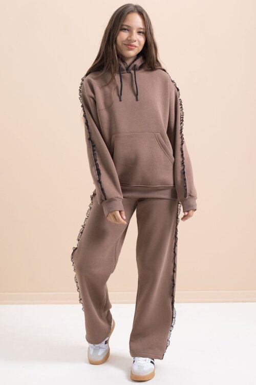 Kahverengi Kız Çocuk Şardonlu Dantel Detaylı 3 İplik Takım 21505