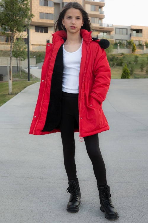 Kırmızı Çıtçıtlı Cepli Esnek Bel İçi Kürklü Kız Çocuk Kapüşonlu Mont 21305