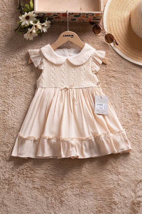 Krem Kolları Fırfırlı Dantel İşlemeli Kız Bebek Elbise  22665