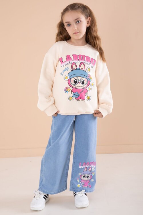 Krem Sevimli Karakter Baskılı Jean Pantolonlu Kız Çocuk 2li Takım  22749