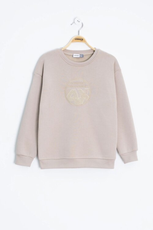 Krem Yazı Nakışlı Bisiklet Yaka Erkek Çocuk Şardonlu Sweatshirt 23247