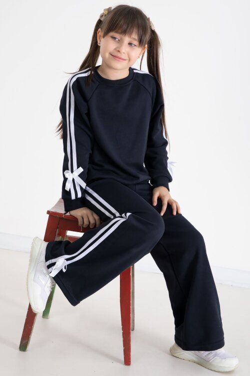 Lacivert Fiyonk Detaylı Şeritli Kız Çocuk Bisiklet Yaka Eşofman Takımı 22732