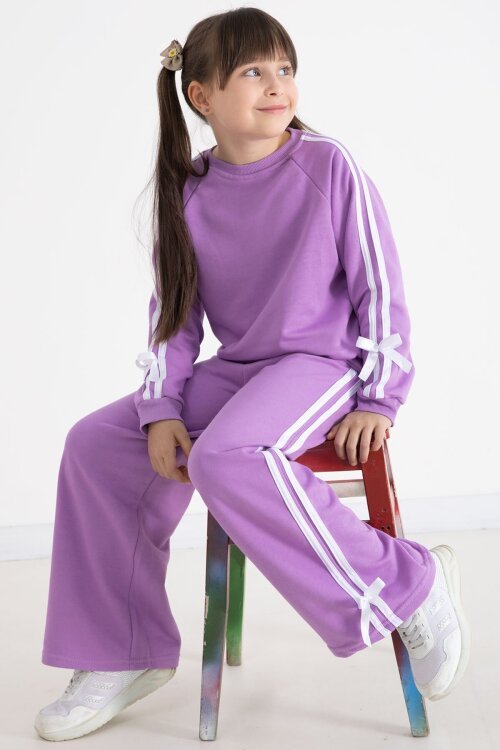 Lila Fiyonk Detaylı Şeritli Kız Çocuk Bisiklet Yaka Eşofman Takımı 22733