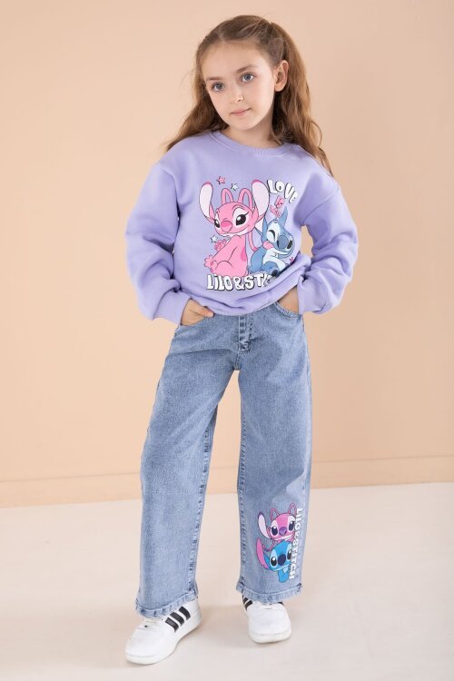 Lila Love Karakter Baskılı Şardonlu Badili Kız Çocuk Pantolonlu 2li Takım 22746