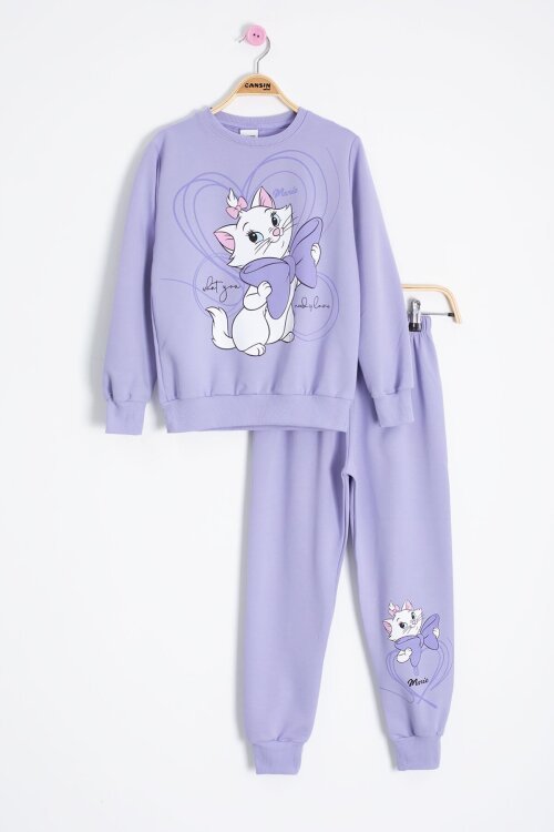 Lila Sevimli Kedi Baskılı Kız Çocuk Eşofman Takımı 22760