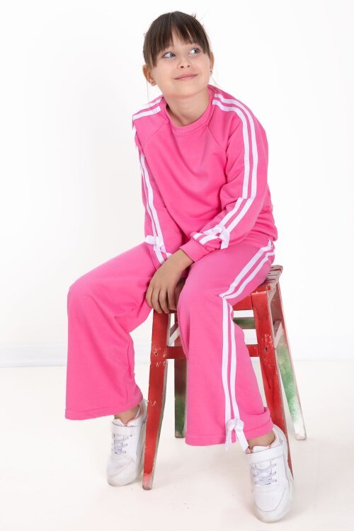 Pembe Fiyonk Detaylı Şeritli Kız Çocuk Bisiklet Yaka Eşofman Takımı 22731