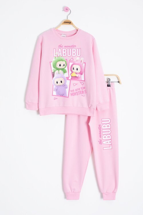 Pembe Karakter Baskılı Bisiklet Yaka Kız Eşofman Takımı 23275