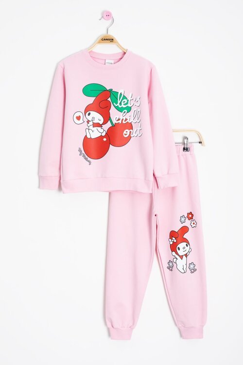 Pembe Kız Çocuk Kiraz Karakter Baskılı Bisiklet Yaka Eşofman Takımı 23269
