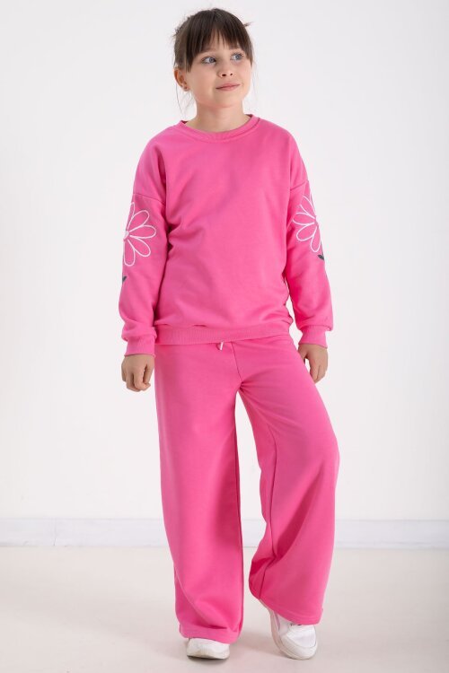 Pembe Kolları Papatya Nakışlı Bisiklet Yaka Kız Çocuk Eşofman Takımı 22743