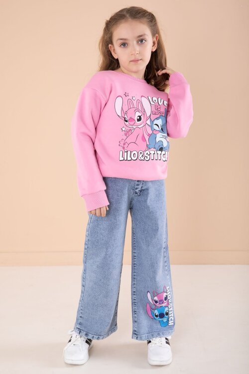 Pembe Love Karakter Baskılı Şardonlu Badili Kız Çocuk Pantolonlu 2li Takım 22744