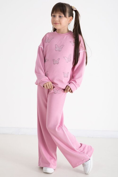 Pembe Payetli Kelebek İşlemeli Geniş Paça Kız Çocuk Eşofman Takımı 22734