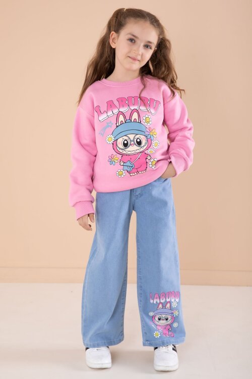 Pembe Sevimli Karakter Baskılı Jean Pantolonlu Kız Çocuk 2li Takım  22748