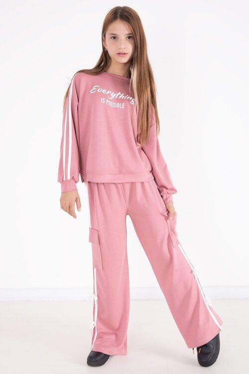 Pembe  Yazı Baskılı Şeritli Kız Çocuk Alt Üst Takım 22771