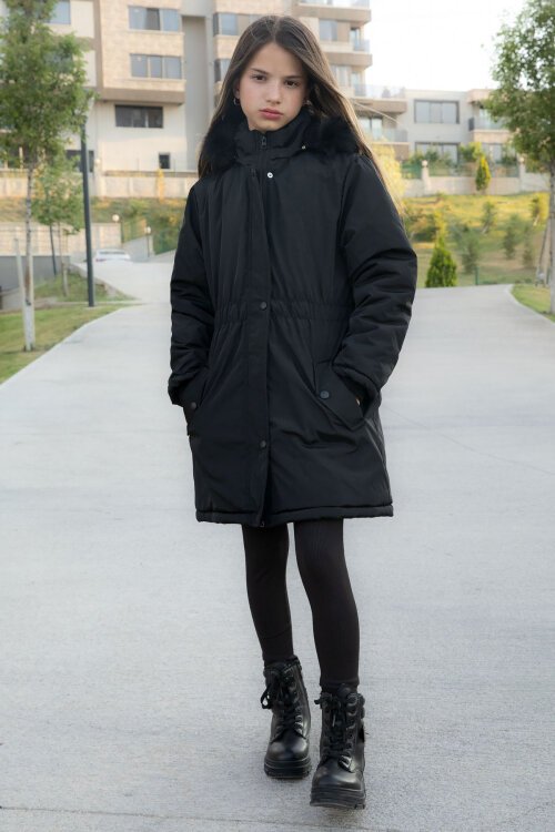 Siyah Çıtçıtlı Cepli Esnek Bel İçi Kürklü Kız Çocuk Kapüşonlu Mont 21301