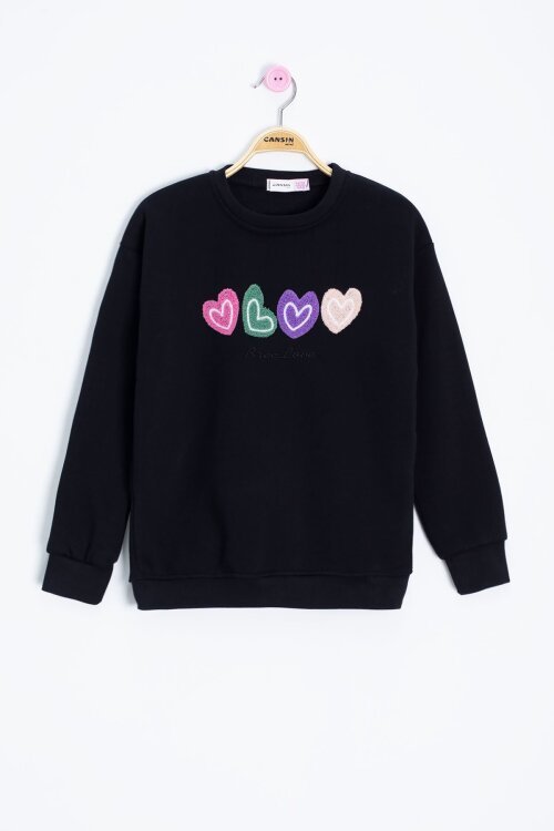 Siyah Kalp Nakışlı Bisiklet Yaka Kız Çocuk Şardonlu Sweatshirt 23250