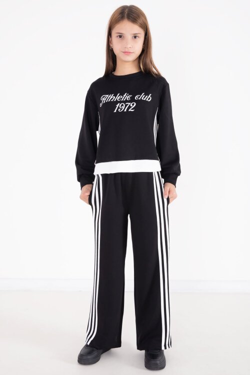 Siyah Şerit Detaylı Yazılı Geniş Paça Kız Çocuk Takım 22772