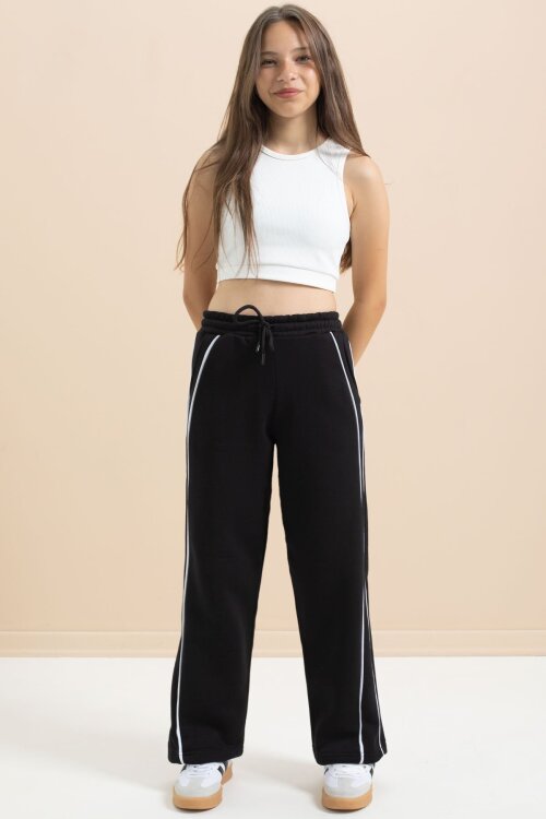 Siyah Yanları Şeritli Geniş Paça Kız Çocuk Şardonlu Eşofman Altı 21467