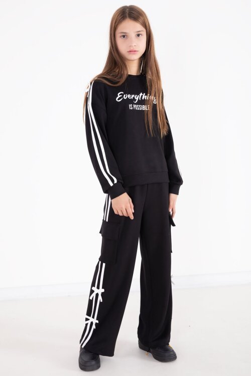 Siyah Yazı Baskılı Şeritli Kız Çocuk Alt Üst Takım 22770