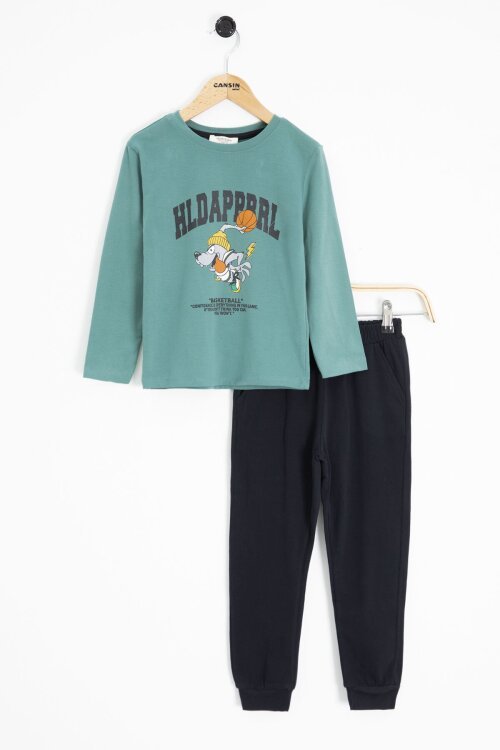 Yeşil Karakter Baskılı Bisiklet Yaka Erkek Çocuk Eşofman Takımı 19174