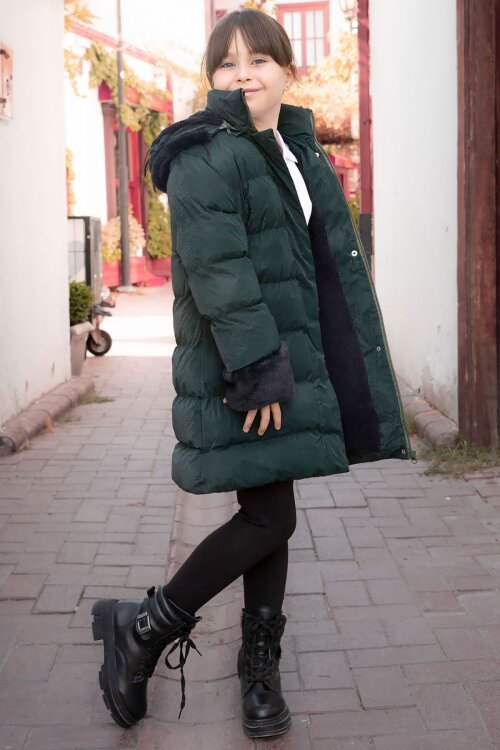 Yeşil Kolu Kürk Detaylı İçi Yünlü Kız Çocuk Kapüşonlu Şişme Mont 21333