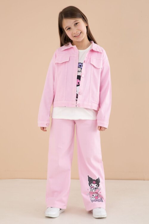 Açık Pembe Cep Detaylı Ceketli Baskılı Tişörtlü Kız Çocuk 3lü Pantolonlu Takım 23592