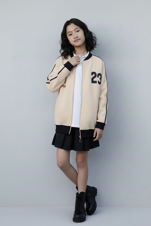 Bej Beautifull Yazılı Kolu Şeritli Kız Çocuk Kolej Hırka 21195