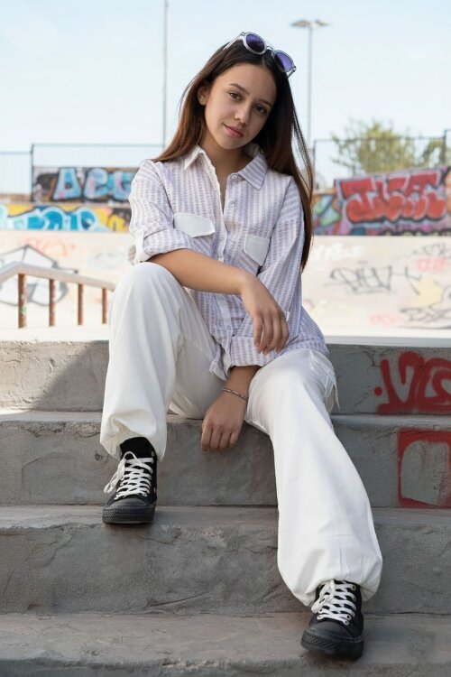 Bej  Kız Çocuk Çizgili Gömlekli Kargo Pantolonlu   2li Takım 23299