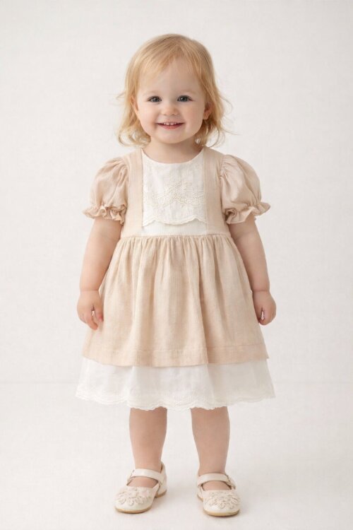 Bej Kız Çocuk Dantel Detaylı Kolu Fırfırlı Elbise  22684