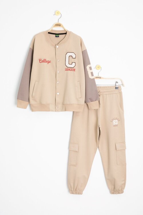 Bej Yazı Nakışlı Kolej Ceketli Erkek Çocuk Eşofman Takımı 21225