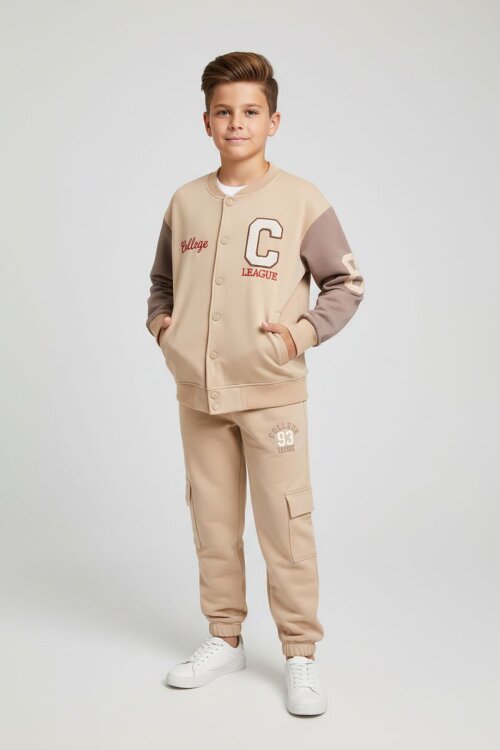 Bej Yazı Nakışlı Kolej Ceketli Erkek Çocuk Eşofman Takımı 21225