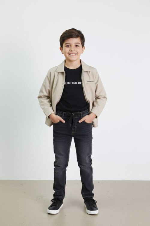 Bej Yazılı Ceketli Jean Pantolonlu Erkek Çocuk 3lü Takım 23377