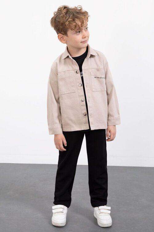 Bej Yazılı Düğmeli Gömlekli Erkek Çocuk Pantolonlu 3lü Takım  23373