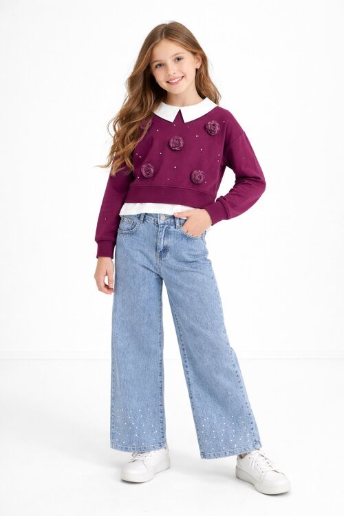 Bordo İnci İşlemeli Badili ve Jean Pantolonlu Kız Çocuk Gömlekli Takım 23601