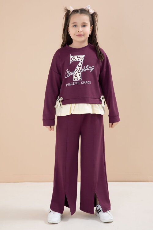 Bordo Yırtmaçlı Pantolonlu Fiyonklu Yazılı Badili Kız Çocuk 2li Takım 23597