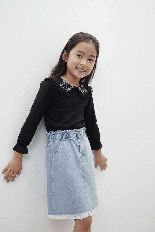 Çiçek Nakışlı Bluzlu Kot Etekli Kız Çocuk Takım 17945