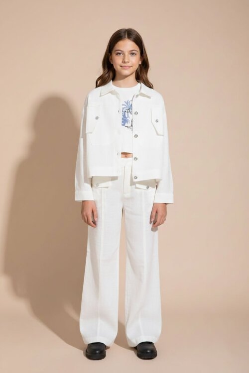 Ekru Düğme Detaylı Keten Gömlekli Pantolonlu Kız Çocuk 3lü Takım 23496