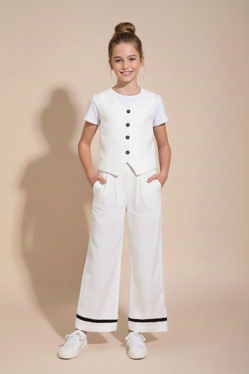 Ekru Düğmeli Keten Yelekli Geniş Paça Pantolonlu Kız Çocuk Takım 23490