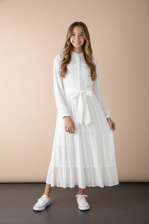 Ekru Kolları Büzgülü Kuşaklı Kız Çocuk Uzun Elbise  23401