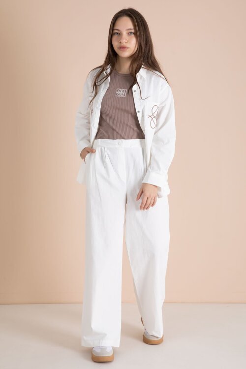 Ekru Nakışlı Gömlekli Badili Kız Çocuk 3lü Pantolonlu Takım 23562