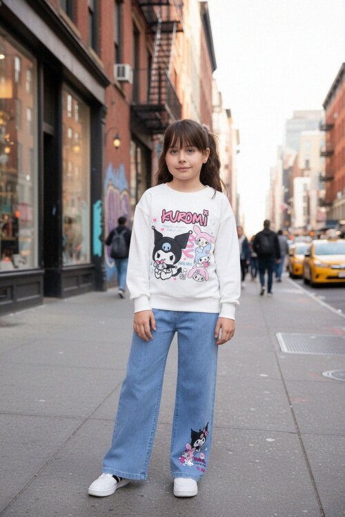 Ekru Simli Baskılı Badili Jean Pantolonlu Kız Çocuk 2li Takım 22758