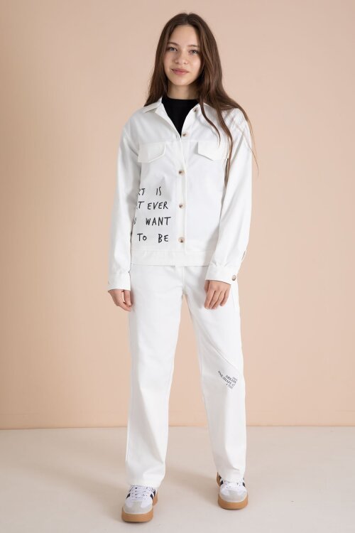 Ekru Yazı Detaylı Gömlekli Kız Çocuk Pantolonlu Gabardin Takım 23566